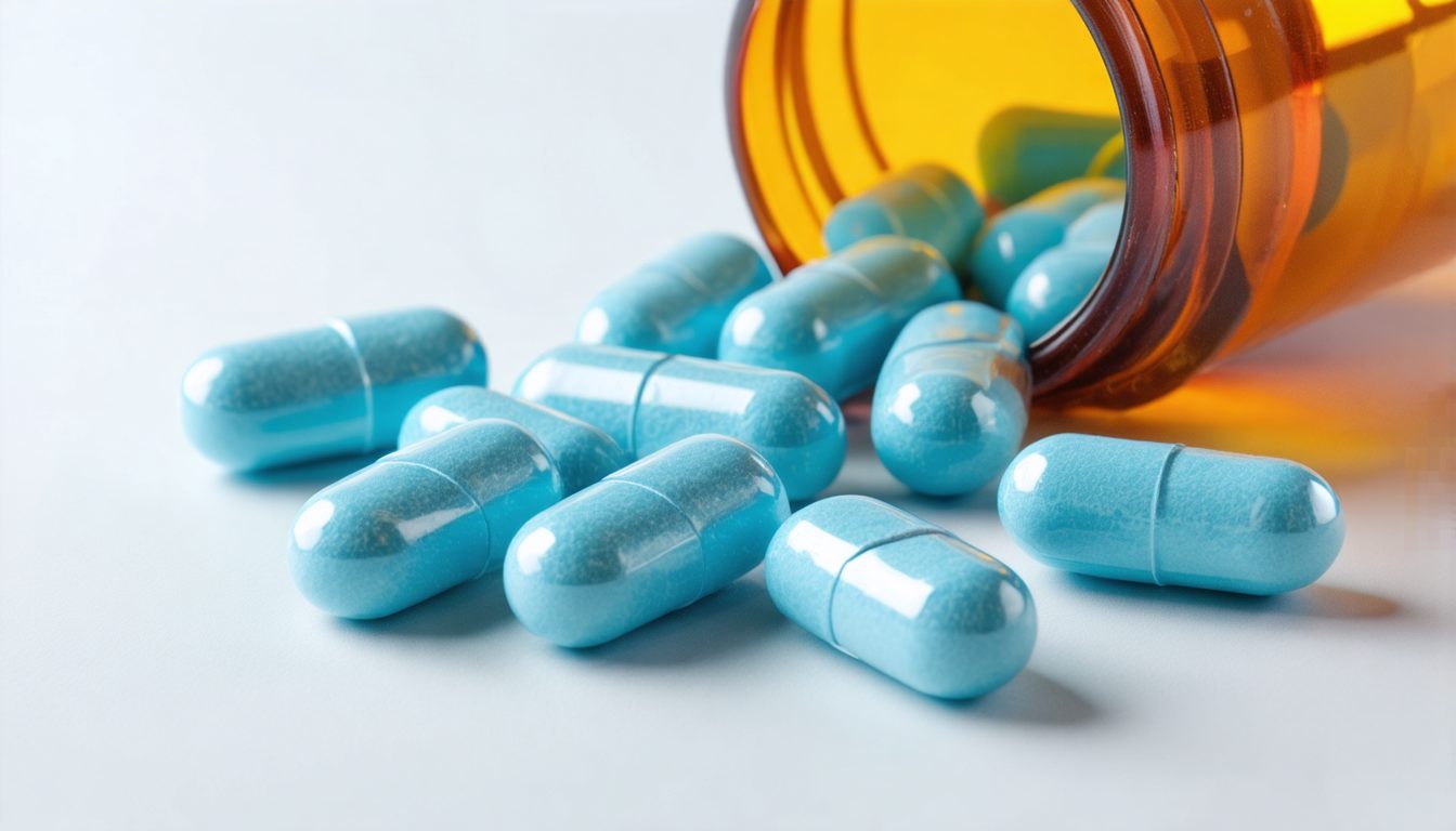 Blister packs of erectile dysfunction pills on a bedside table with a glass of water, symbolizing treatment options for erection problems